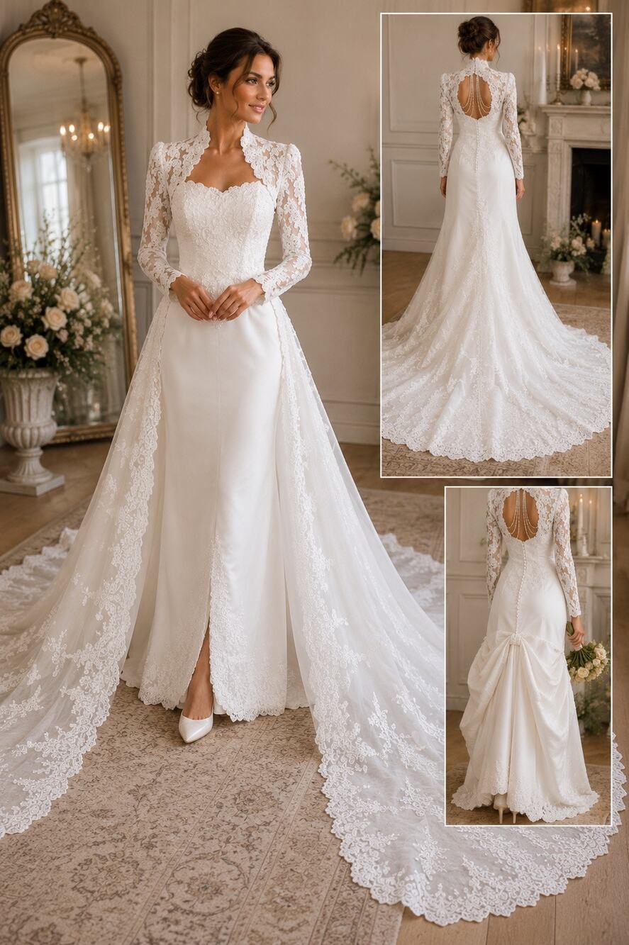 Vintage Wedding Gown with Detachable Bustled Train 1980s / 1990s Bridal Size 8